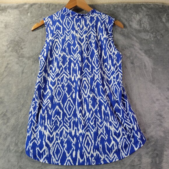 Claudia Richard Womens Blue White Sleeveless Tunic Top M Geometric Ikat Print - Picture 1 of 8